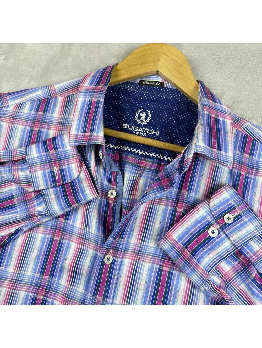 Bugatchi Uomo Mens Classic XL Pink Blue Plaid Button Up Dress Shirt luxury prep